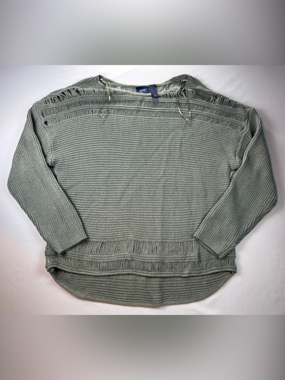Daytrip Distressed Sweater Ribbed Crewneck Sage Green Medium